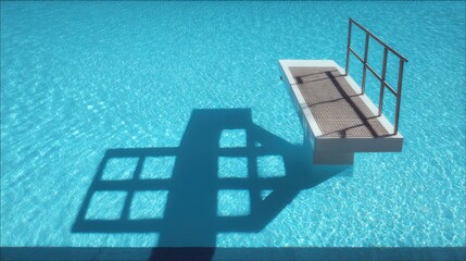 Obraz premium A Diving Board Casts a Stark Geometric Shadow Across a Bright Blue Swimming Pool Surface