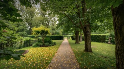 Obraz premium Peaceful Forest Footpath Leading Through Lush Green Park with Sunlight and Trees