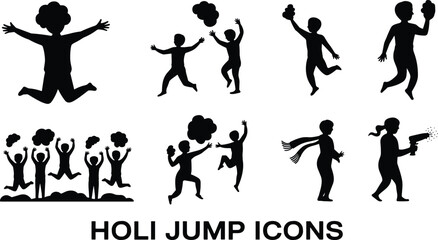Obraz premium Vector illustration of happy children silhouettes jumping and playing with colors for Holi festival celebration icons isolated on a white background for creative designs