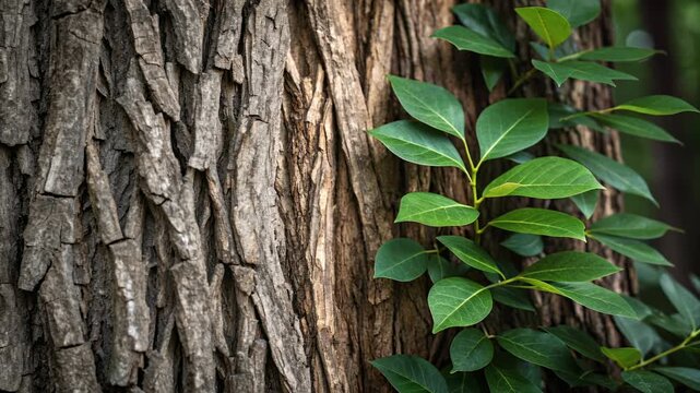 Herbal green plant leaves grow naturally hidden against textured bark of tree in peaceful natural outdoor forest environment