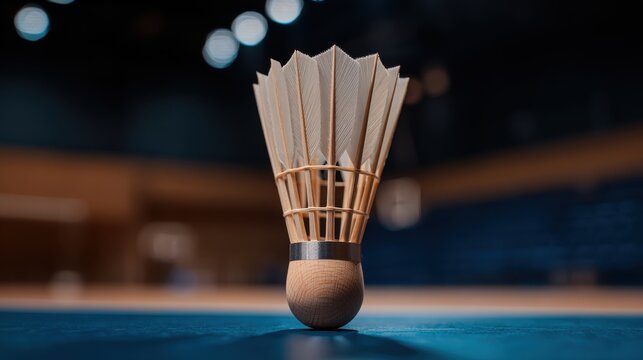 Detailed wooden shuttlecock with natural feathers, poised for badminton play on an indoor court.
