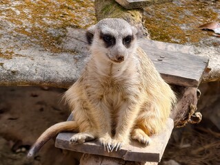 Adorable meerkat sitting sweetly on a wooden plank, tiny paws tucked close and bright curious eyes shining. Soft natural light and warm earthy tones create a charming, heart-melting wildlife portrait.