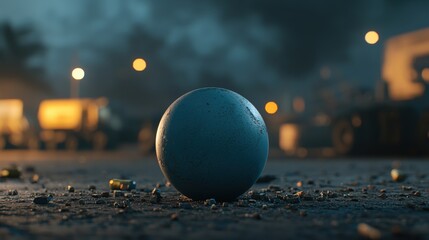 A blue sphere rests on a dark, rocky surface, surrounded by scattered objects and illuminated by city lights.