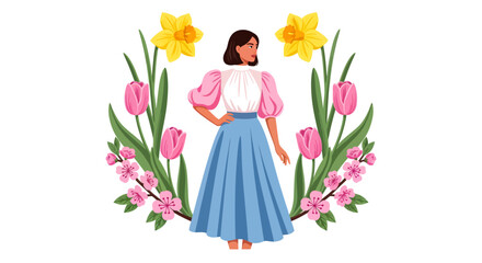 A confident woman stands elegantly in a vintage-inspired outfit with a white blouse, pink puff sleeves, and a flowing blue skirt, perfectly framed by vibrant yellow daffodils and delicate pink tulips © Skyframe