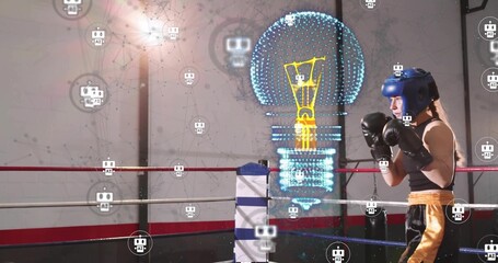 Guarding boxer in ring corner, headgear, black gloves, gold shorts, holographic bulb, copy space © vectorfusionart