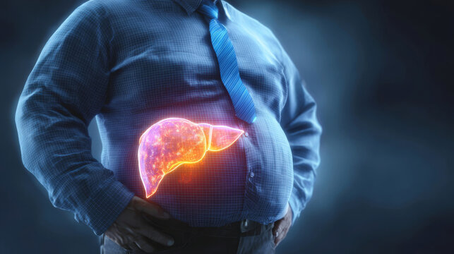 Man with lighted liver illustration showing health concern in a low-light setting