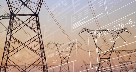 Naklejka premium Showing steel lattice tower at sunset, towers, power lines, digital overlay, copy space