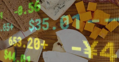 Fotobehang Zuivelwaren Displaying cheese on wood board in kitchen, showing brie, blue-wedge, cheddar, crackers, LED $¥  © vectorfusionart