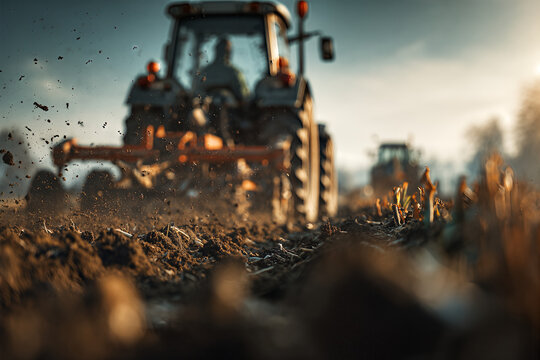 Silhouetted tractor driver ploughing stubble field &mdash; low - angle close - up of flying soil clods, deep furrows and golden - hour backlight