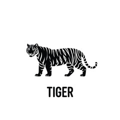 A stylized black and white illustration of a tiger standing prominently