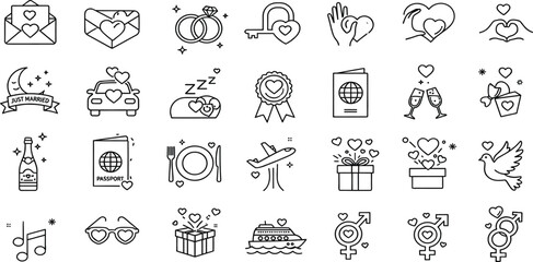 Fototapeta premium Wedding Love and Relationship Line Icon Set with Marriage Symbols Hearts Rings Gifts Travel and Romantic Celebration Elements for Valentine and Bridal Designs