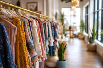 Scandinavian boutique retailer's sunlit interior featuring a gold clothing rail of colorful knit sweaters, patterned dresses, potted plants and wooden floors