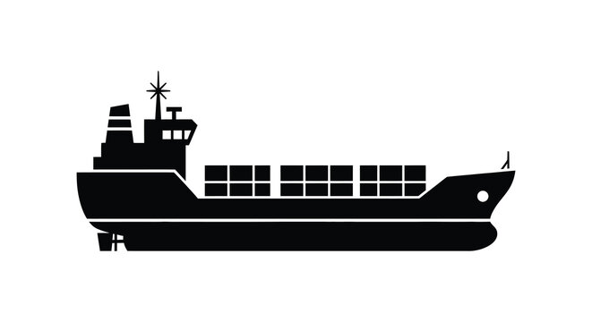 A stark black silhouette depicts a large cargo ship sailing on calm waters showcasing maritime transport silhouette high quality