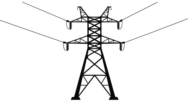A stark graphic depiction of a high voltage power transmission tower against a plain white backdrop silhouette high quality professional