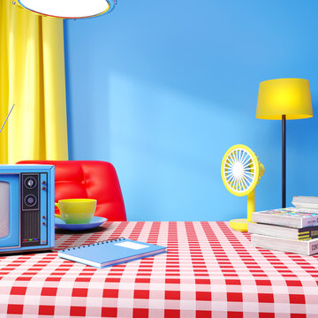 Colorful vibrant retro inspired room interior with checkered table
