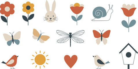 Cute spring nature icon set with flowers butterflies birds sun snail and rabbit flat vector illustration collection © Kharshad Creative