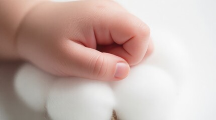 Obraz premium Baby Hand Holding Soft Cotton Ball Close Up - Gentle Touch