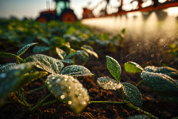 Naklejka premium Low - angle view of dew - dotted soybean seedlings with soil texture, golden morning backlight and tractor sprayer mist in background