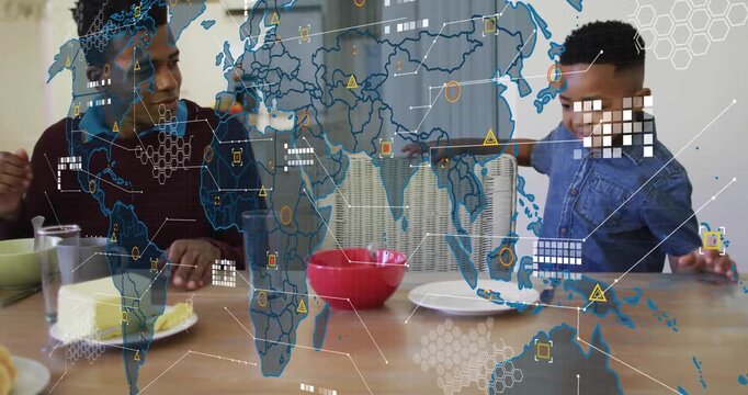 Man making food while child pulling chair, starting chat, joining meal, tech map overlaying table