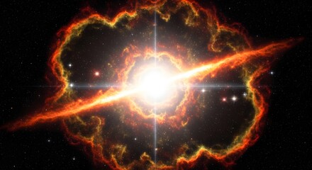Fototapeta premium Vibrant cosmic explosion with intense light beams and swirling gas clouds in deep space