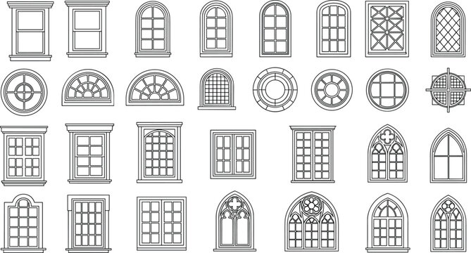 Collection of architectural window line icons featuring various classic gothic arched circular and modern frames for building design house construction renovation and interior decor projects.