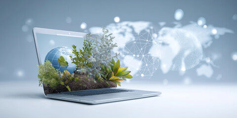 Fototapeta premium Lush plants alongside glowing earth burst from laptop, visualizing global environmental sustainability digitally. 