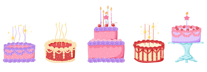 Cartoon birthday cake set with burning candles and party sparklers. Sweet layered desserts with cream icing and vintage decorative details for celebration design. Vector illustration isolated on white