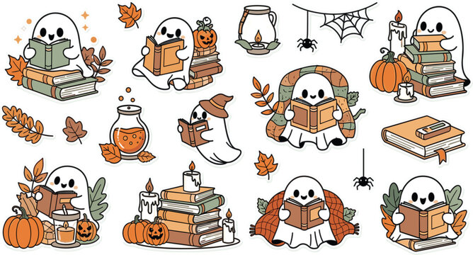 Cute Halloween Ghost Reading Books Cartoon Set with Pumpkins Candles Autumn Leaves and Cozy Fall Elements for Seasonal Vector Illustration
