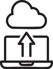 A laptop screen with an upward arrow pointing to a cloud, symbolizing data upload to cloud storage.