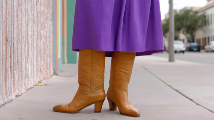 Close-up of seated Caucasian mid-adult legs, wearing vintage boots retro footwear, 1960s styling representation, with copy space