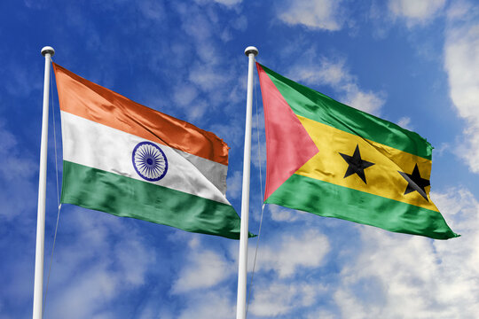 National flags of India and S&atilde;o Tom&eacute; and Pr&iacute;ncipe waving side by side against a sky symbolizing diplomacy bilateral trade relations strategic partnership and cultural exchange between nation