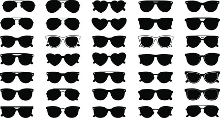Large collection of black sunglasses silhouettes featuring various frame styles including aviator heart shaped cat eye and wayfarer designs for fashion and summer lifestyle © Ketab