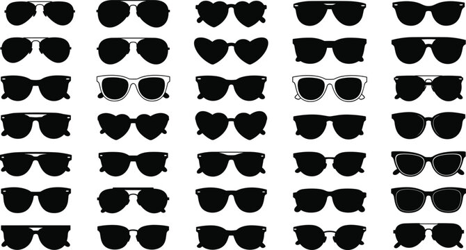Large collection of black sunglasses silhouettes featuring various frame styles including aviator heart shaped cat eye and wayfarer designs for fashion and summer lifestyle
