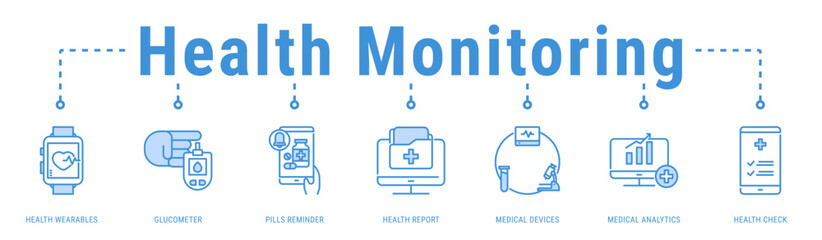 Fototapeta premium Health Monitoring web banner icon vector illustration featuring Weight Management, Blood Test, Stomach, Medical Report, Diagnostic and Thermometer