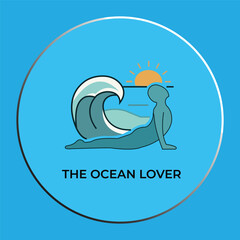 Vector illustration of a person practicing yoga cobra pose against an ocean wave and sunset background.