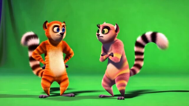 Animated lemurs stand off on green screen cartoon style comedy fictional animals conflict resolution colorful animation funny confrontation and striped tails