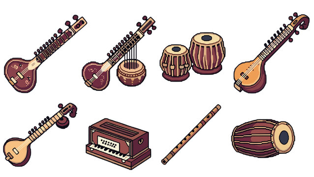 collection of hand drawn traditional Indian musical instruments including sitar tabla tanpura harmonium and flute in colorful cartoon style