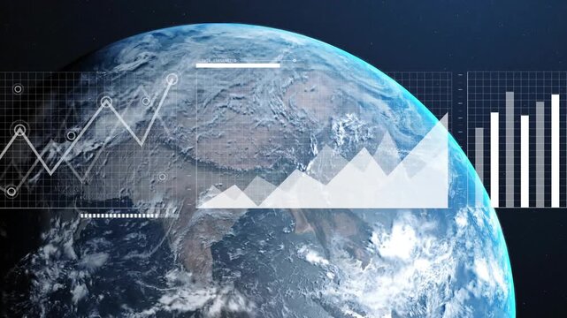 On HUD appearing, Earth hosting semi-transparent charts as line graph drawing, showing global data