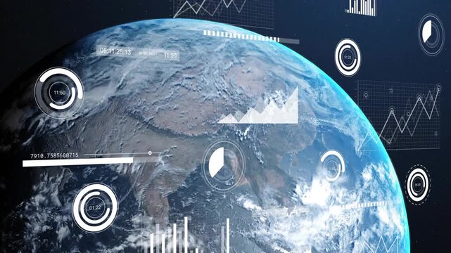 Sunlit rim appearing, planet Earth rotating, HUD animating and graphs updating, showing global data