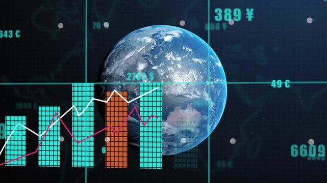 Floating numbers appearing, planet rotating while bars rising left-to-right, showing market trends