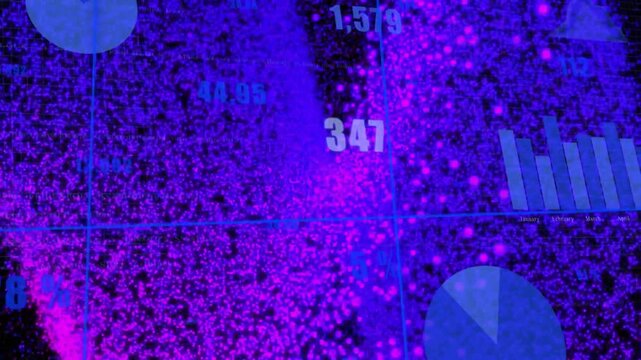 Starting particle field forming and sweeping right, revealing charts while numbers updating