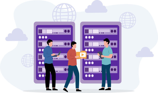 People Working On Leptop And Server Digital Data Center Illustration