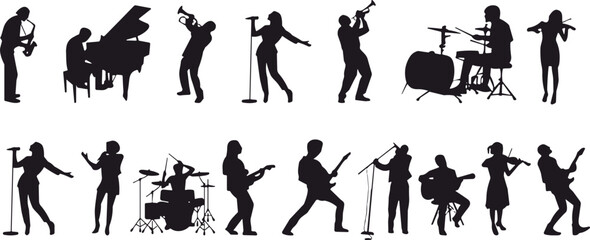Set of black musician silhouettes featuring band members playing instruments like guitar, drums, piano, saxophone, trumpet, and singers, isolated on white background, © SHAUN