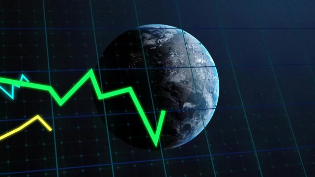 Neon graph lines entering from left sweeping across planet, showing global data, green line peaking