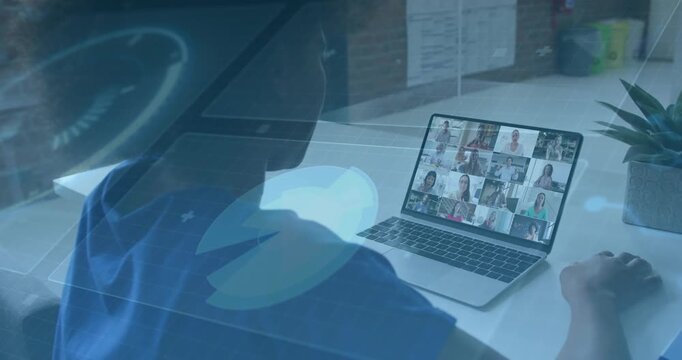 Man remote worker moving mouse and moderating meeting, blue overlay sweeping laptop grid