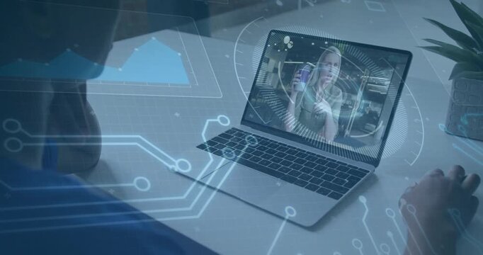 Host raising purple cup and gesturing, viewer leaning and reaching laptop, UI guiding tech response