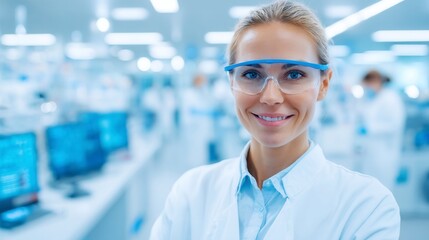 Fototapeta premium Smiling female scientist in lab coat, wearing protective goggles, in bright laboratory, engaged in research and innovation.