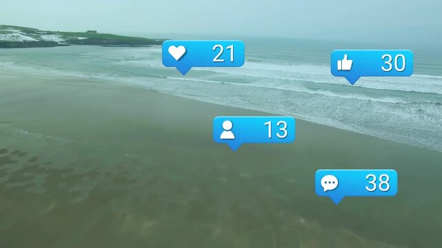 Drone tracking coastline while chat bubble appearing, notifications rising, showing engagement