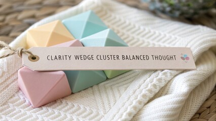 Modern geometric shapes in pastel colors with a tag displaying clarity wedge cluster balanced thought on a woven surface