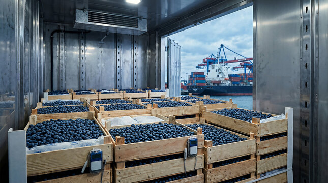Wooden crates filled with fresh blueberries inside refrigerated shipping container at cargo port